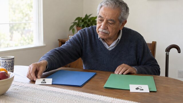 Older man compares Medicare coverage priorities with colored folders