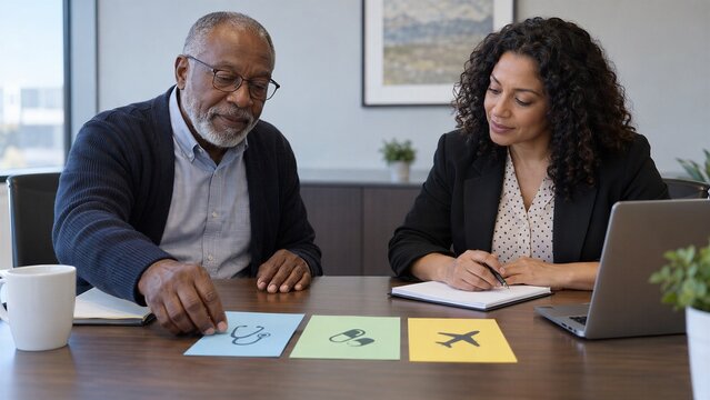 Senior man discusses Medicare coverage priorities with a counselor