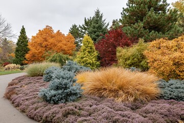 Fototapeta premium The Autumn Garden Landscape with Colorful Trees and Ornamental Grasses