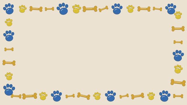 Paw prints frame embroidery animation on linen fabric background loop