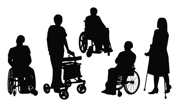 Set of black silhouettes representing people with disabilities and mobility aids