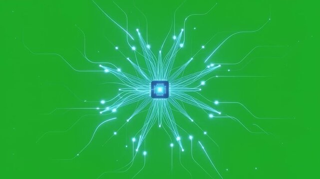 Glowing electronic microchip network mandala conveys calm digital harmony with energetic data technology on green screen background