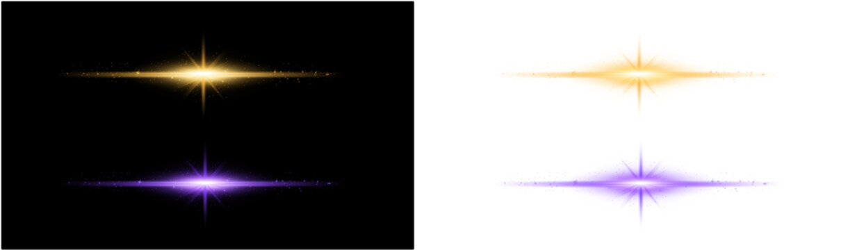 PNG image of Glowing golden and purple light flares featuring sparkling starburst effects and dust particles isolated on transparent background