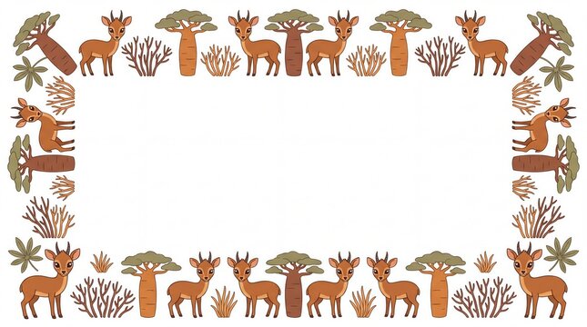 Cute cartoon antelope and baobab tree African safari border frame
