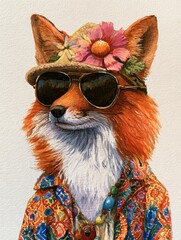 Fototapeta premium boho style watercolor illustration of a cool fox wearing sunglasses floral straw hat and colorful patterned shirt funny anthropomorphic animal portrait artwork for print wall art home decor design