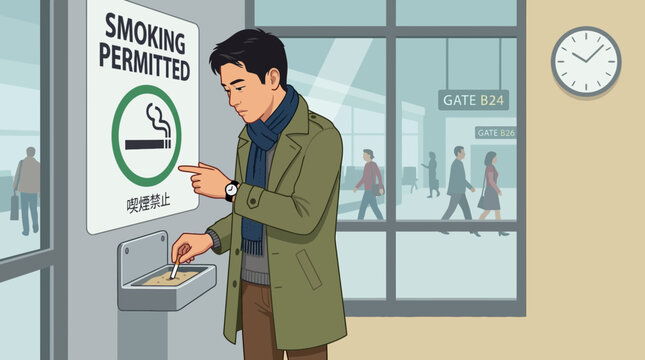 Man in smoking area pointing at sign, airport terminal