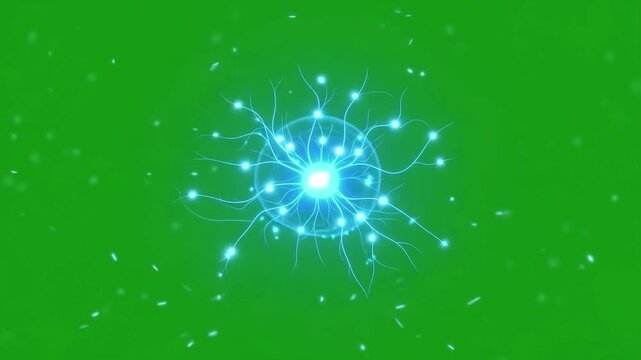 Glowing human brain neural network graphic on green screen with particle burst energy expressing intellect and creative thought
