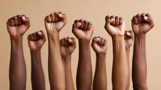 Multiple raised fists of black individuals against a beige background
