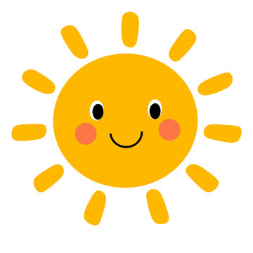 Cheerful yellow sun with smiling face rosy cheeks and bright sun rays suitable for summer weather sunshine happiness preschool education children learning and cheerful seasonal themes