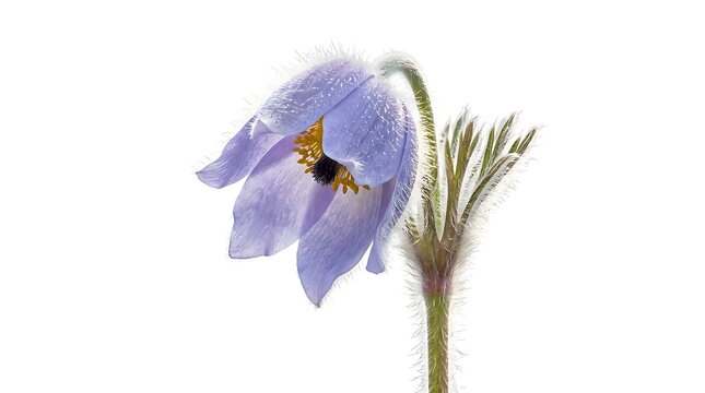 Close-up of a delicate purple Pasque flower or Pulsatilla with a bee inside its fuzzy petals isolated on a clean white background for botanical themes