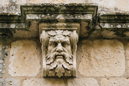 Close up of weathered stone corbel with carved leaf ornament on old building facade. Mossy masonry ledge shows aged texture, antique details. Historic architectural element features bearded face