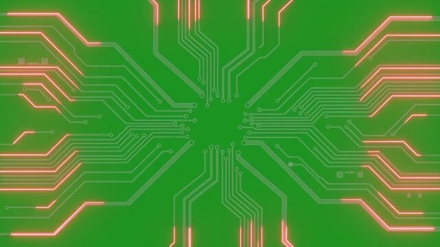 Futuristic glowing electronic circuit board texture on digital green screen background conveying powerful energetic sensation technology