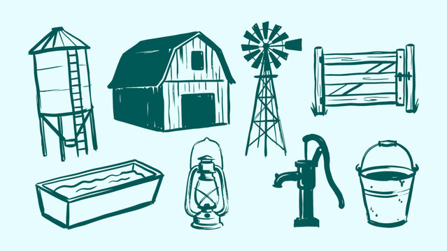 Farm agriculture vector elements set with hand drawn barn silo windmill wooden fence trough lantern and water pump sketches