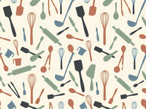 Seamless Pattern Background with Colorful Kitchen Cooking Utensils and Baking Tools