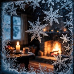 Naklejka premium Cozy cabin interior with warm fireplace, burning candle on wooden table. Frosty window with large snowflakes shows snowy winter night outside. Rustic home atmosphere creates peaceful mood for holiday