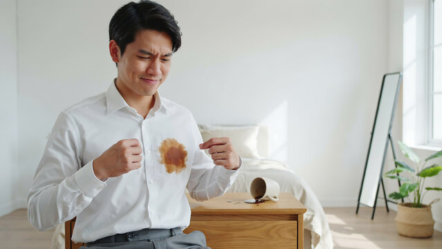 Frustrated Asian man in white shirt looking at large coffee stain after spilling mug on wooden nightstand in bright minimalist bedroom with mirror and houseplant