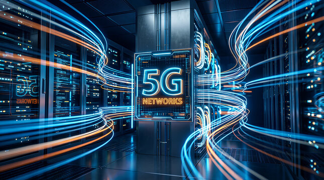 futuristic 5g network infrastructure in a high-tech data server room with glowing neon lights and data flow visualization