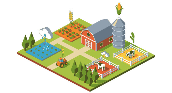 Farm landscape featuring a red barn, grain silo, and livestock in an isometric illustration style.