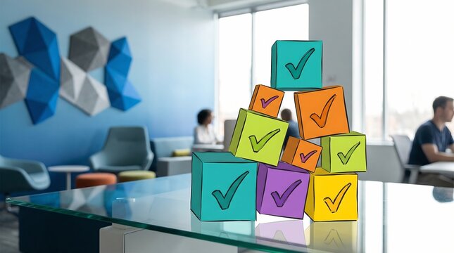 A modern office space with stylized blocks featuring checkmarks, symbolizing task completion and efficiency. People are visible in the background, working.