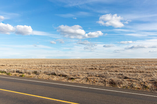 The Palouse, a large fertile agricultural prairie region, flat landscape, brown earth and grass stubble.