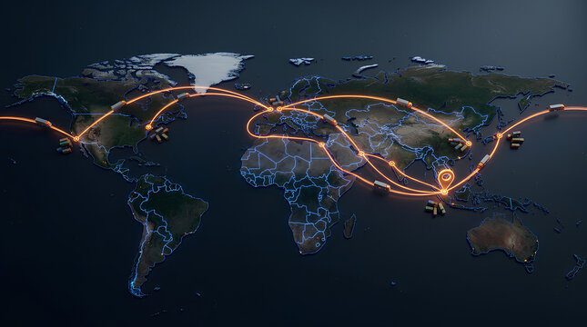 Global interconnected network visualization with illuminated pathways spanning across continents highlighting international