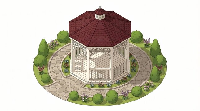 An octagonal white gazebo with a maroon roof surrounded by a circular garden path, manicured bushes, and flowerbeds