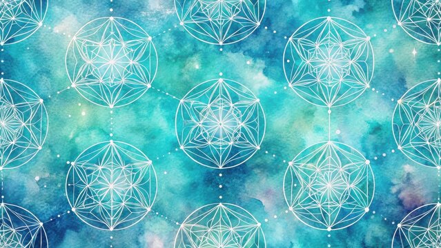 Enchanted Watercolor Pattern with Sacred Geometric Designs Featuring Intricate Mandala-like Shapes on a Teal Background