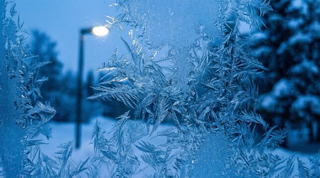 Frosty ice patterns cover a window, with a soft lamppost glow in the blurred winter background, evoking a sense of cold, quiet solitude