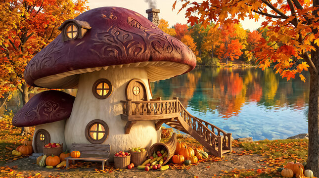 A cute mushroom house in a magical autumn forest with colorful trees and a calm lake nearby for a fantasy fairy tale storybook illustration style