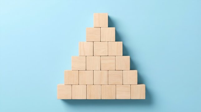 A pyramid made of wooden blocks arranged on a light blue background, representing growth and progress