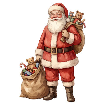 Santa Claus with gifts isolated cutout smiling on transparent background. Old style watercolor painting. Generative Ai