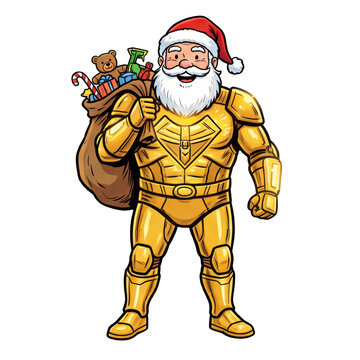 Santa Claus wearing golden superhero costume isolated and cutout on transparent background. Generative Ai