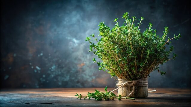 A Fresh Bundle of Thyme on a Rustic Wooden Surface Against a Dark Background