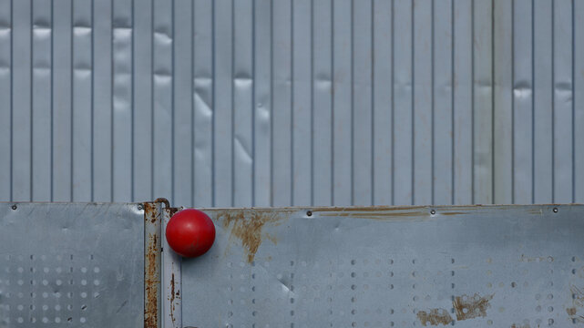 Metal barrier with red ball cap against corrugated wall