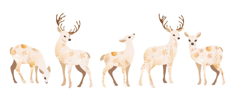 Christmas reindeer set with ornamental in different position. Happy holiday watercolor clipart for cards, invitations, crafts, winter seasonal design. Hand drawn deer.