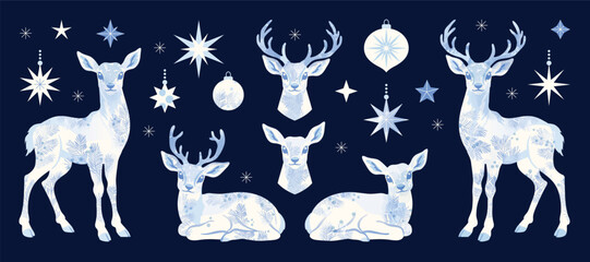 Fototapeta premium Christmas reindeer set with ornamental in different position. Happy holiday watercolor clipart for cards, invitations, crafts, winter seasonal design. Hand drawn deer.