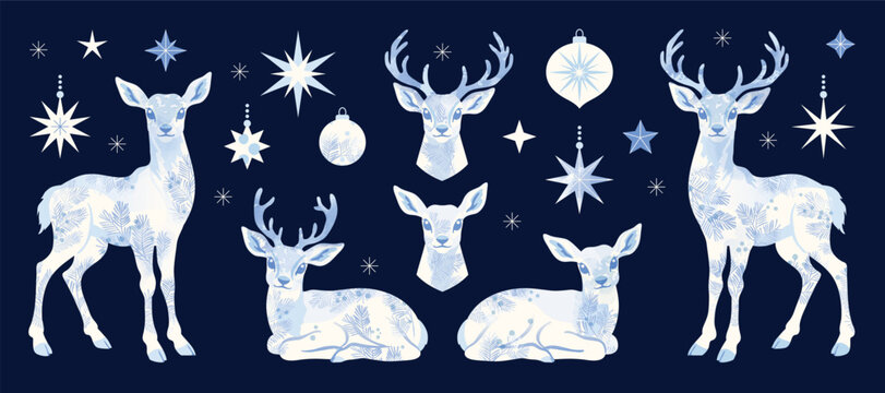Christmas reindeer set with ornamental in different position. Happy holiday watercolor clipart for cards, invitations, crafts, winter seasonal design. Hand drawn deer.