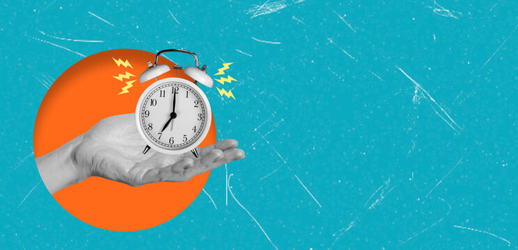 Art collage featuring a hand holding a clock with an orange background and blue accents