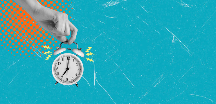 Art collage showing a hand reaching for a ringing alarm clock against a blue and orange background
