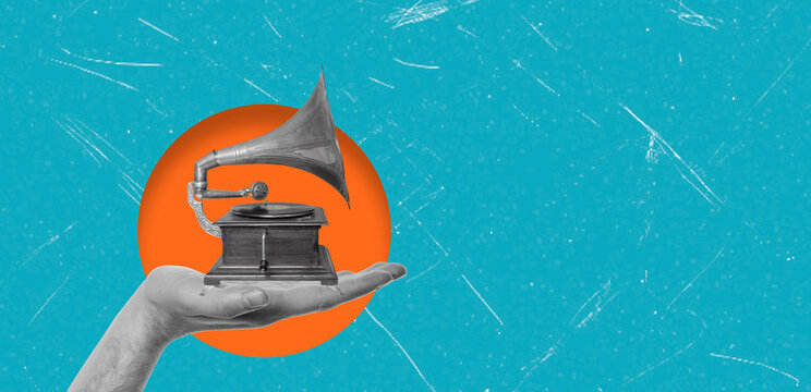 Art collage featuring a hand holding a vintage gramophone against a bright blue background