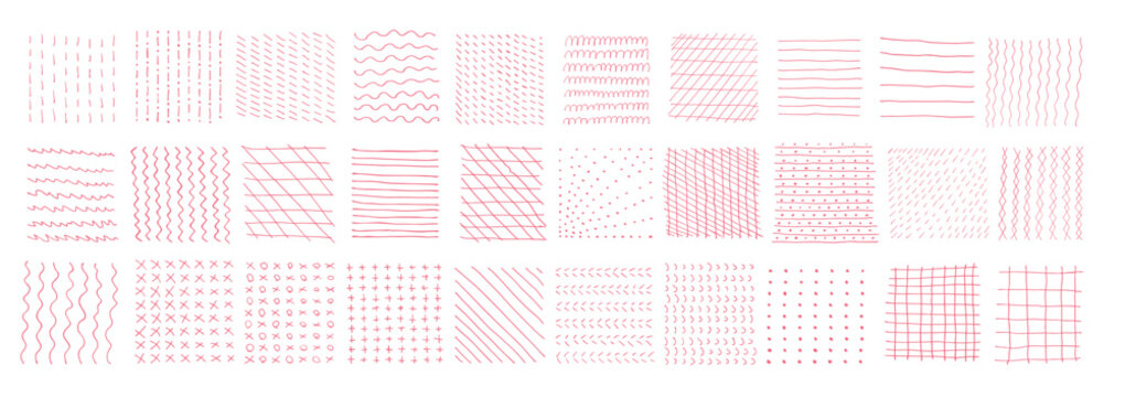 Set of hand drawn pink line patterns and textures with wavy strokes dots crosshatching dashes and geometric marks arranged in rows on a white background