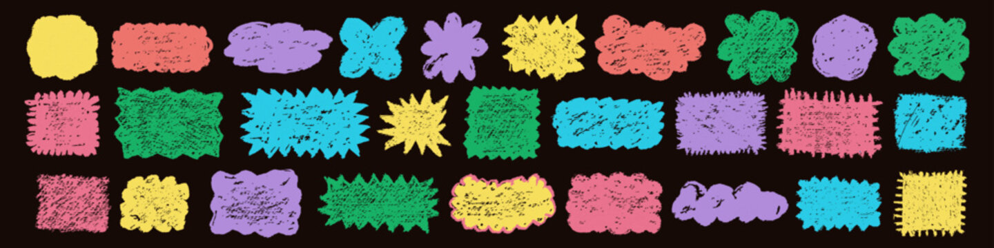 Set of colorful hand drawn crayon shapes and textured scribble marks arranged in rows on a black background for playful decorative design projects