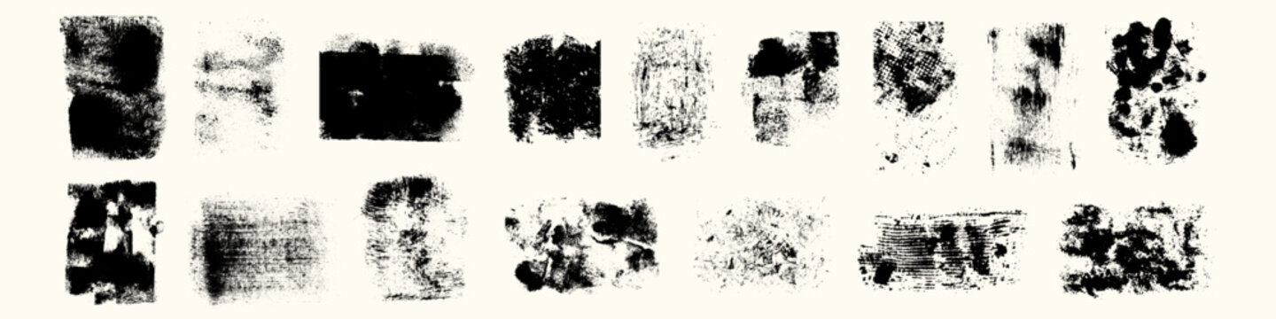 Collection of black grunge ink textures with distressed brush strokes and rough splatter marks arranged in two rows on a warm off-white background