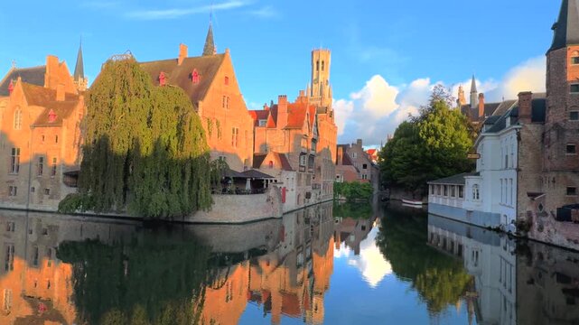Dijver canal in Bruges during sunset Belgium