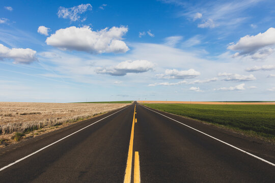 The Palouse, a large prairie region, a two lane road through the flat landscape leading to vanishing point.