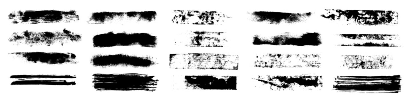 Set of black grunge brush strokes with distressed ink texture and rough horizontal paint marks arranged in rows against a plain white background
