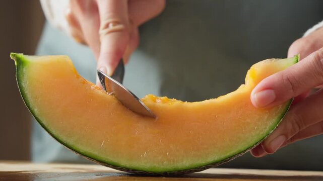 Scooping Ripe Cantaloupe Flesh from the Rind with a Spoon