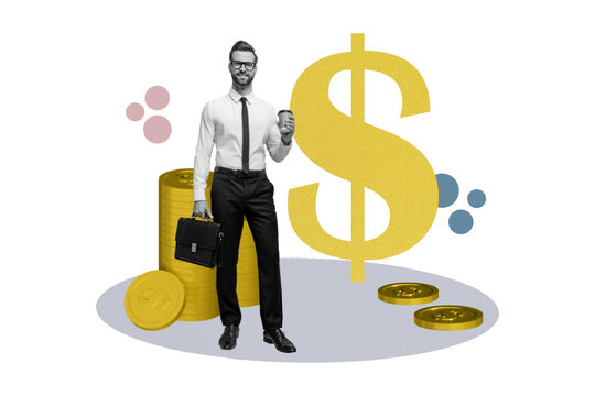 Full image poster banner collage of happy businessman hold coffee cup briefcase receive coin dollar capital jackpot profit