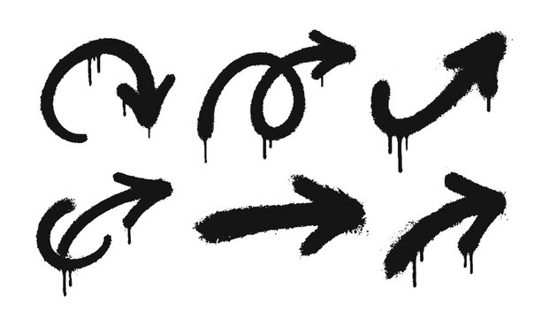 Hand drawn graffiti arrows with overspray, grunge curved arrow pointers. Black spray paint arrow signs with dripping ink and splatter, bold direction marker, urban street art elements vector set