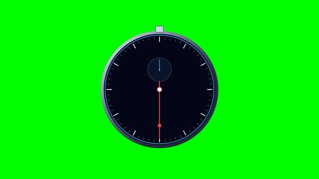 A digital stopwatch timer on a vibrant green screen background, featuring a dark clock face with red second hand for chroma key editing.